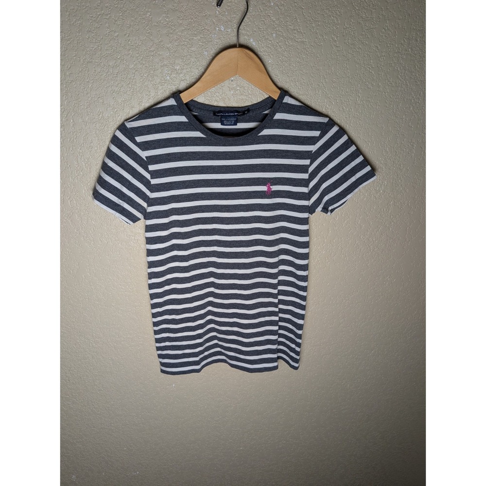 Ralph Lauren Sport Womens M Gray Striped Cotton Tee Pink Pony Preppy Nautical